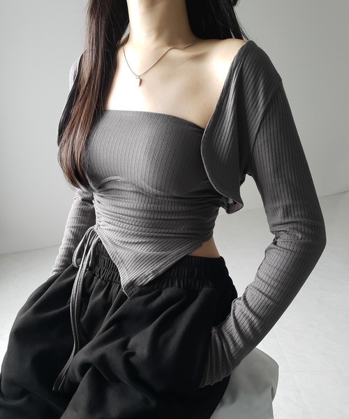 アンサンブル 「 ２点セット 」シャーリングリボンベアトップス ＆ ショートカーディガン SET ／ shirring ribbon bare top 2点セット 】シャーリングリボンベアトップス ＆ ショート