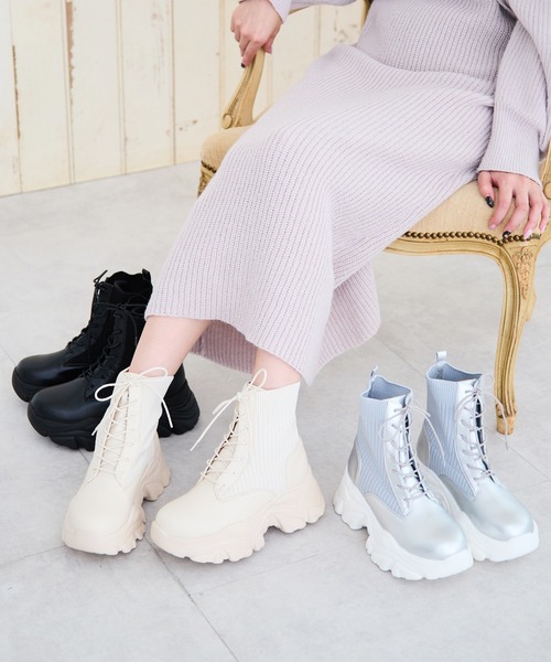 セール】スニーカーソールレースアップニットブーツ（ブーツ