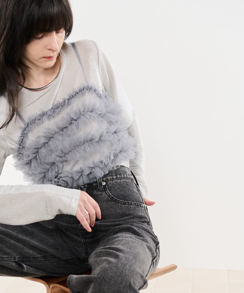 Shelly island（シェリーアイランド）の「マルチWAYチュールビスチェ付きラメトップス（Tシャツ/カットソー・レディース・ブラック/チャコールグレー/ホワイト・FREE）」の2枚目の写真