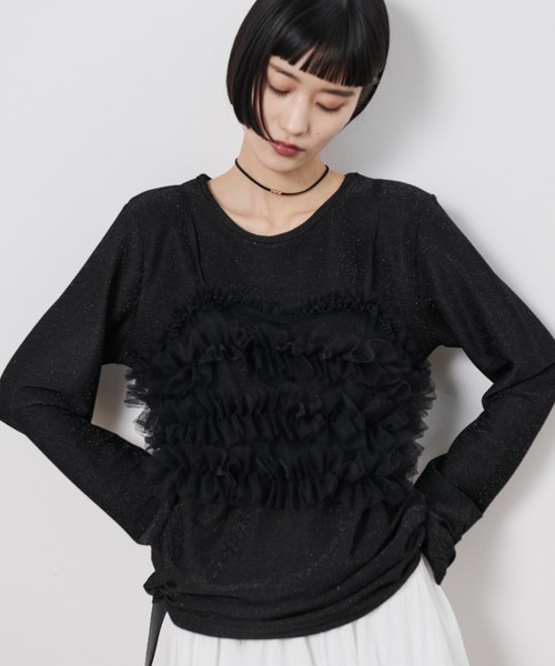 Shelly island（シェリーアイランド）の「マルチWAYチュールビスチェ付きラメトップス（Tシャツ/カットソー・レディース・ブラック/チャコールグレー/ホワイト・FREE）」の3枚目の写真