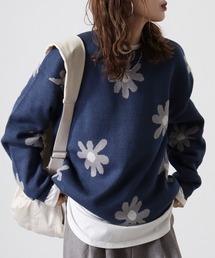 美品　レオナール　花柄コットンニット　セーター　M ネイビー　長袖　フラワー　紺 ニット/セーター（ブルー・ネイビー/青色系・花柄・ボタニカル柄