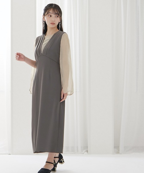 結婚式・パーティードレス】ジャンスカ風デザイン袖スリットワンピース 