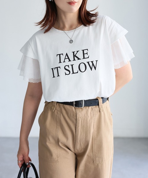Riberry(リベリー)の「袖メッシュ切替デザインロゴTシャツ(Tシャツ/カットソー・レディース・ブラック×ホワイト/ホワイト×ブラック/ホワイト×シルバー/ブラック×シルバー・FREE)」の2枚目の写真