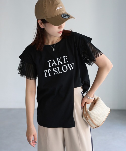 Riberry(リベリー)の「袖メッシュ切替デザインロゴTシャツ(Tシャツ/カットソー・レディース・ブラック×ホワイト/ホワイト×ブラック/ホワイト×シルバー/ブラック×シルバー・FREE)」の4枚目の写真