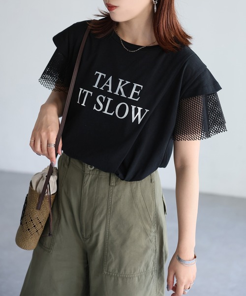 Riberry(リベリー)の「袖メッシュ切替デザインロゴTシャツ(Tシャツ/カットソー・レディース・ブラック×ホワイト/ホワイト×ブラック/ホワイト×シルバー/ブラック×シルバー・FREE)」の1枚目の写真