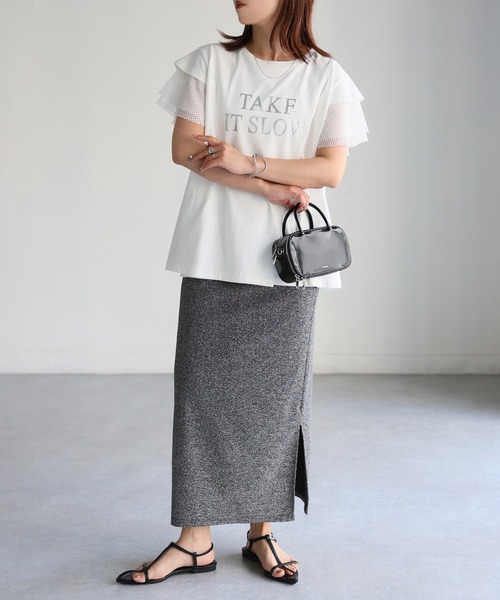 Riberry(リベリー)の「袖メッシュ切替デザインロゴTシャツ(Tシャツ/カットソー・レディース・ブラック×ホワイト/ホワイト×ブラック/ホワイト×シルバー/ブラック×シルバー・FREE)」の3枚目の写真