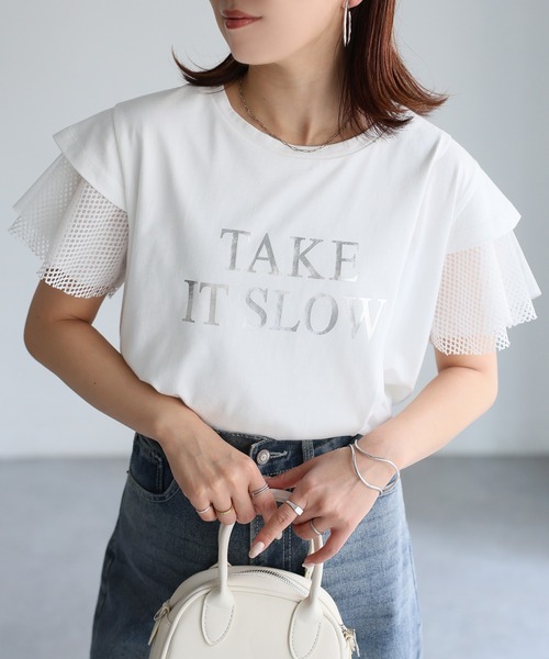 Riberry(リベリー)の「袖メッシュ切替デザインロゴTシャツ(Tシャツ/カットソー・レディース・ブラック×ホワイト/ホワイト×ブラック/ホワイト×シルバー/ブラック×シルバー・FREE)」の18枚目の写真
