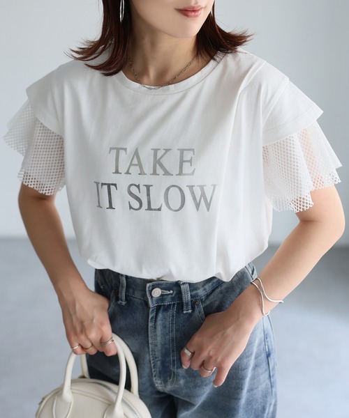 Riberry(リベリー)の「袖メッシュ切替デザインロゴTシャツ(Tシャツ/カットソー・レディース・ブラック×ホワイト/ホワイト×ブラック/ホワイト×シルバー/ブラック×シルバー・FREE)」の7枚目の写真