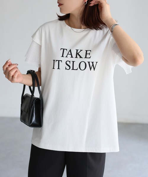 Riberry(リベリー)の「袖メッシュ切替デザインロゴTシャツ(Tシャツ/カットソー・レディース・ブラック×ホワイト/ホワイト×ブラック/ホワイト×シルバー/ブラック×シルバー・FREE)」の11枚目の写真
