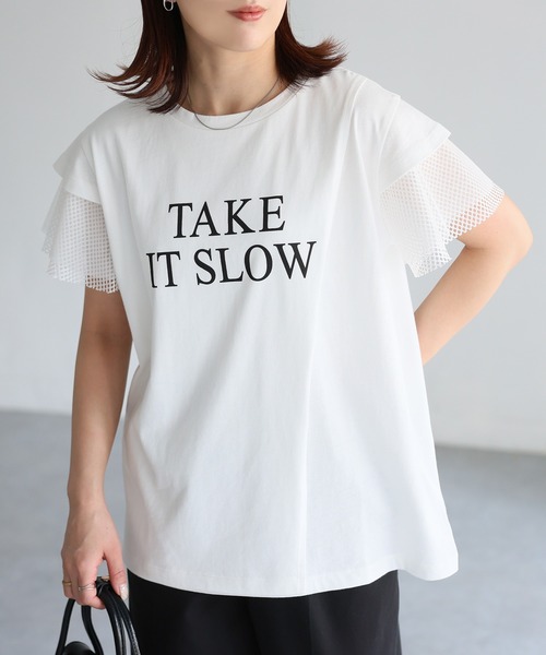 Riberry(リベリー)の「袖メッシュ切替デザインロゴTシャツ(Tシャツ/カットソー・レディース・ブラック×ホワイト/ホワイト×ブラック/ホワイト×シルバー/ブラック×シルバー・FREE)」の5枚目の写真