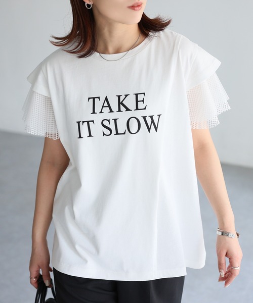 Riberry(リベリー)の「袖メッシュ切替デザインロゴTシャツ(Tシャツ/カットソー・レディース・ブラック×ホワイト/ホワイト×ブラック/ホワイト×シルバー/ブラック×シルバー・FREE)」の6枚目の写真