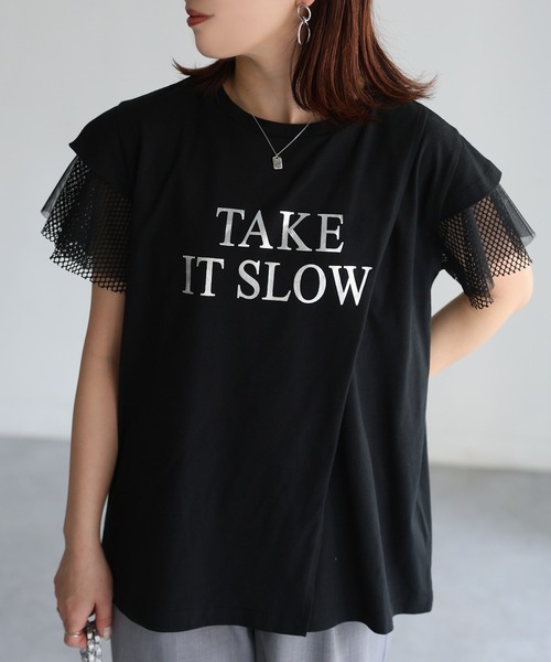 Riberry(リベリー)の「袖メッシュ切替デザインロゴTシャツ(Tシャツ/カットソー・レディース・ブラック×ホワイト/ホワイト×ブラック/ホワイト×シルバー/ブラック×シルバー・FREE)」の9枚目の写真