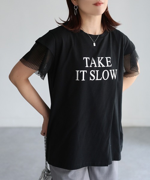 Riberry(リベリー)の「袖メッシュ切替デザインロゴTシャツ(Tシャツ/カットソー・レディース・ブラック×ホワイト/ホワイト×ブラック/ホワイト×シルバー/ブラック×シルバー・FREE)」の10枚目の写真
