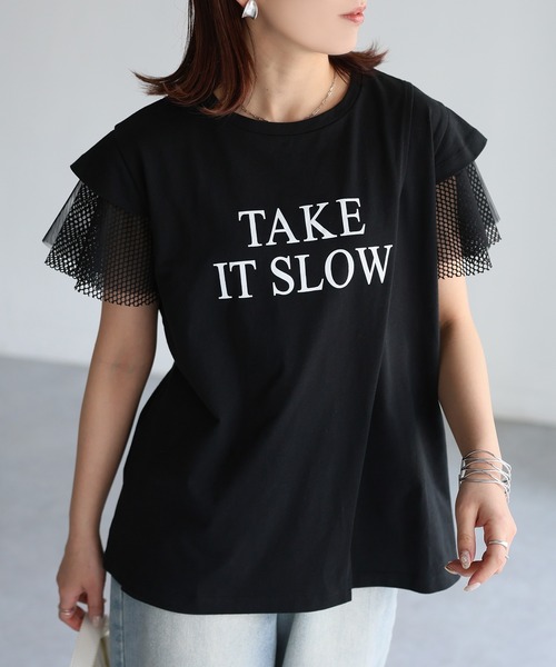 Riberry(リベリー)の「袖メッシュ切替デザインロゴTシャツ(Tシャツ/カットソー・レディース・ブラック×ホワイト/ホワイト×ブラック/ホワイト×シルバー/ブラック×シルバー・FREE)」の8枚目の写真