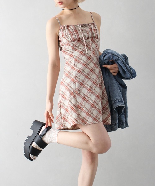 SpRay（スプレイ）の「チェックミニキャミワンピース（ワンピース・レディース・ブラック/サックスブルー/レンガ・FREE）」の6枚目の写真