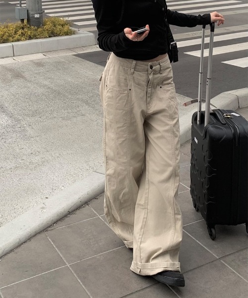 amomento ワイドパンツ　ベージュ ワイドパンツ（YOKO）(Mサイズ ベージュ): レディース