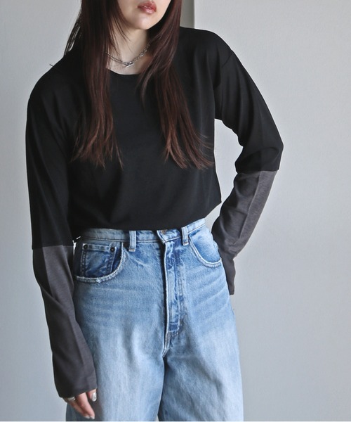 COURO(コウロ)の「袖配色切替梨地シアートップス(Tシャツ/カットソー・レディース・オフホワイト/ブラック/ライトグレー・M)」の7枚目の写真