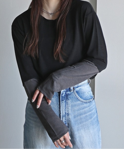COURO(コウロ)の「袖配色切替梨地シアートップス(Tシャツ/カットソー・レディース・オフホワイト/ブラック/ライトグレー・M)」の8枚目の写真
