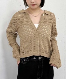 透かしポロニットカーディガン