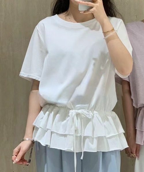 Lace Ladies(レースレディース)の「ウエスト ティアード フリル ドロスト 半袖 Tシャツ(Tシャツ/カットソー・レディース・ホワイト/ブラック/グレー・FREE)」の2枚目の写真