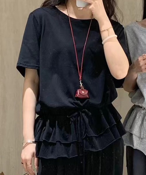 Lace Ladies(レースレディース)の「ウエスト ティアード フリル ドロスト 半袖 Tシャツ(Tシャツ/カットソー・レディース・ホワイト/ブラック/グレー・FREE)」の1枚目の写真