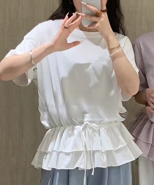 Lace Ladies(レースレディース)の「ウエスト ティアード フリル ドロスト 半袖 Tシャツ(Tシャツ/カットソー・レディース・ホワイト/ブラック/グレー・FREE)」の7枚目の写真