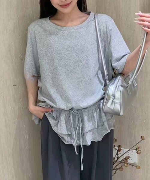 Lace Ladies(レースレディース)の「ウエスト ティアード フリル ドロスト 半袖 Tシャツ(Tシャツ/カットソー・レディース・ホワイト/ブラック/グレー・FREE)」の5枚目の写真