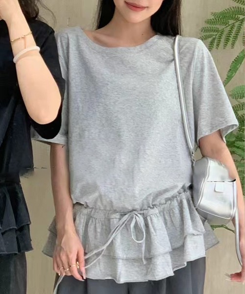 Lace Ladies(レースレディース)の「ウエスト ティアード フリル ドロスト 半袖 Tシャツ(Tシャツ/カットソー・レディース・ホワイト/ブラック/グレー・FREE)」の6枚目の写真
