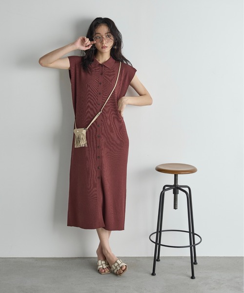 フレンチスリーブポロリブニットワンピース（ワンピース）｜THE YOn