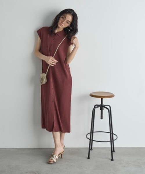 フレンチスリーブポロリブニットワンピース（ワンピース）｜THE YOn