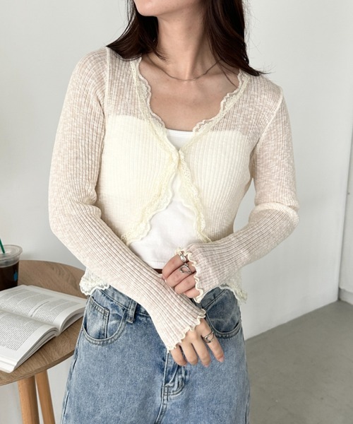 CLEA（クレア）の「レースシアーカーディガントップス（カーディガン/ボレロ・レディース・アイボリー/ブラック/ライトブルー/ホワイト/ライトグレー/ピンク・FREE）」の2枚目の写真