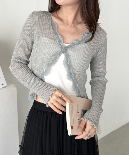 CLEA（クレア）の「レースシアーカーディガントップス（カーディガン/ボレロ・レディース・アイボリー/ブラック/ライトブルー/ホワイト/ライトグレー/ピンク・FREE）」の4枚目の写真