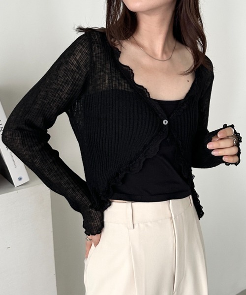 CLEA（クレア）の「レースシアーカーディガントップス（カーディガン/ボレロ・レディース・アイボリー/ブラック/ライトブルー/ホワイト/ライトグレー/ピンク・FREE）」の3枚目の写真