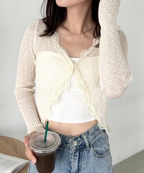 CLEA（クレア）の「レースシアーカーディガントップス（カーディガン/ボレロ・レディース・アイボリー/ブラック/ライトブルー/ホワイト/ライトグレー/ピンク・FREE）」の14枚目の写真