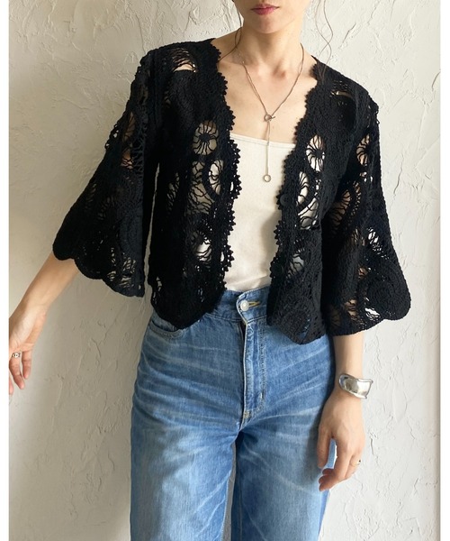 She's Closet（シーズクローゼット）の「半端袖 ショート丈 Vネック かぎ針 クロシェ編みカーディガン（カーディガン/ボレロ・レディース・アイボリー/ブラック・FREE）」の12枚目の写真