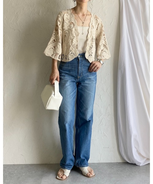 She's Closet（シーズクローゼット）の「半端袖 ショート丈 Vネック かぎ針 クロシェ編みカーディガン（カーディガン/ボレロ・レディース・アイボリー/ブラック・FREE）」の14枚目の写真