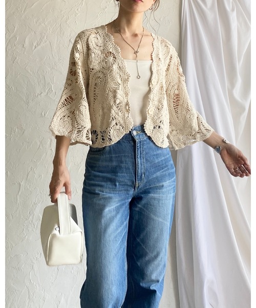 She's Closet（シーズクローゼット）の「半端袖 ショート丈 Vネック かぎ針 クロシェ編みカーディガン（カーディガン/ボレロ・レディース・アイボリー/ブラック・FREE）」の15枚目の写真