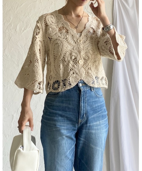 She's Closet（シーズクローゼット）の「半端袖 ショート丈 Vネック かぎ針 クロシェ編みカーディガン（カーディガン/ボレロ・レディース・アイボリー/ブラック・FREE）」の16枚目の写真