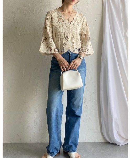She's Closet（シーズクローゼット）の「半端袖 ショート丈 Vネック かぎ針 クロシェ編みカーディガン（カーディガン/ボレロ・レディース・アイボリー/ブラック・FREE）」の17枚目の写真