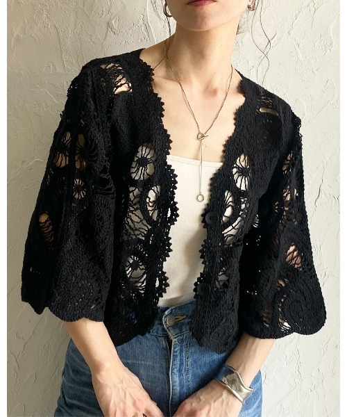She's Closet（シーズクローゼット）の「半端袖 ショート丈 Vネック かぎ針 クロシェ編みカーディガン（カーディガン/ボレロ・レディース・アイボリー/ブラック・FREE）」の18枚目の写真