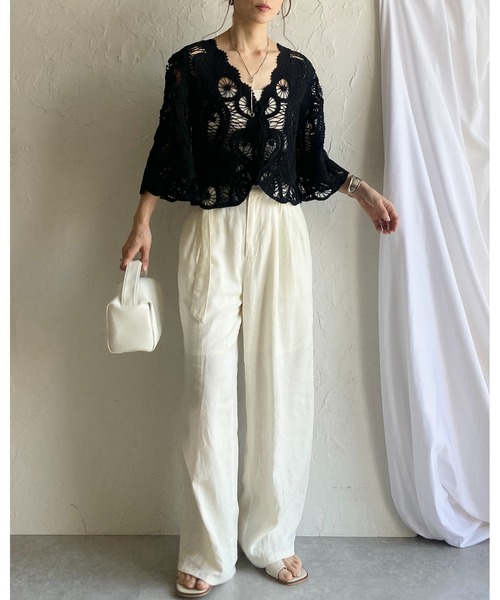 She's Closet（シーズクローゼット）の「半端袖 ショート丈 Vネック かぎ針 クロシェ編みカーディガン（カーディガン/ボレロ・レディース・アイボリー/ブラック・FREE）」の21枚目の写真