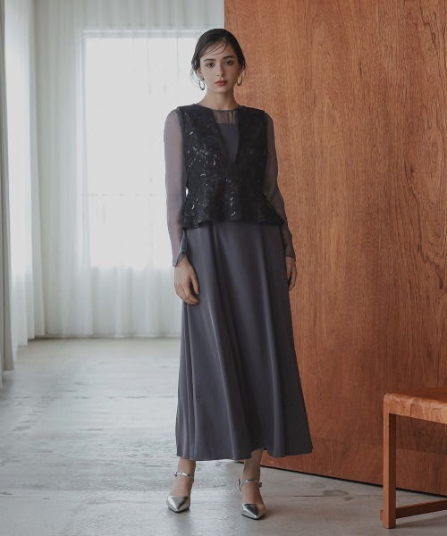 ★新品★BO•Dre ブラックのオーガンジースパンコールドレス　結婚式 マルチカラースパンコールブラックオーガンジードレス