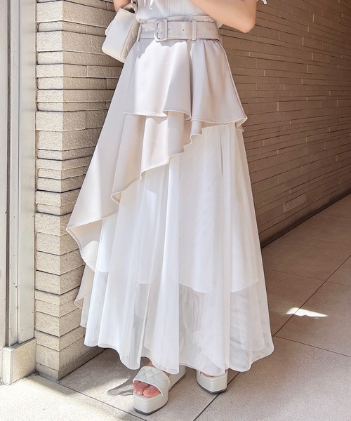 INGNI(イング)の「共ベルト付チュール切替アシメスカート/A(スカート・レディース・ブラック×ブラック/グレー系その他6/ベージュ系/ブルー系6/ネイビー系・FREE)」の3枚目の写真