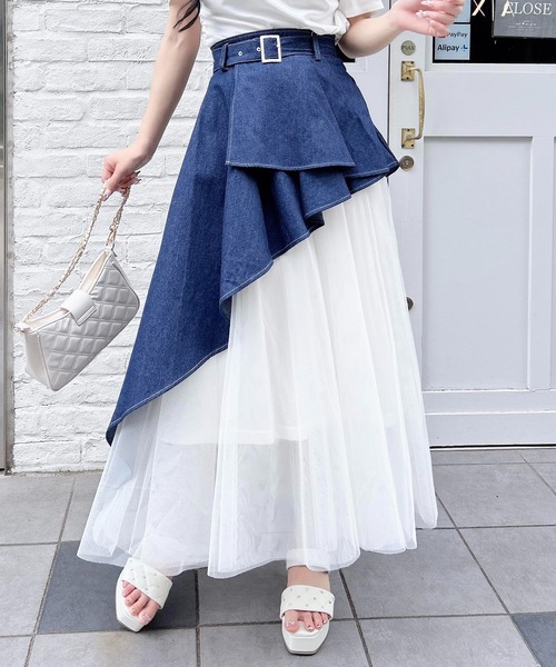 INGNI(イング)の「共ベルト付チュール切替アシメスカート/A(スカート・レディース・ブラック×ブラック/グレー系その他6/ベージュ系/ブルー系6/ネイビー系・FREE)」の4枚目の写真