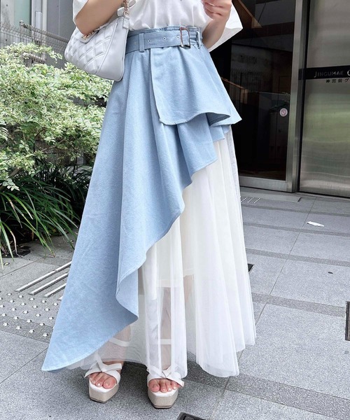 INGNI(イング)の「共ベルト付チュール切替アシメスカート/A(スカート・レディース・ブラック×ブラック/グレー系その他6/ベージュ系/ブルー系6/ネイビー系・FREE)」の5枚目の写真