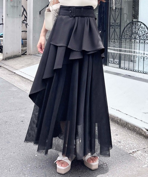 セール】共ベルト付チュール切替アシメスカート／A（スカート