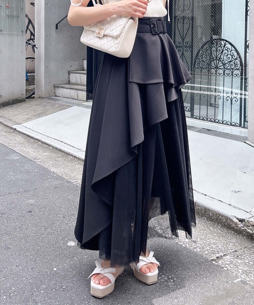 INGNI(イング)の「共ベルト付チュール切替アシメスカート/A(スカート・レディース・ブラック×ブラック/グレー系その他6/ベージュ系/ブルー系6/ネイビー系・FREE)」の8枚目の写真