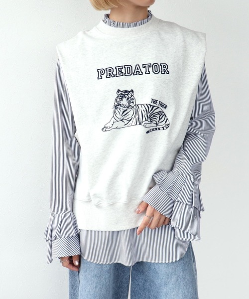 Three Four Time（ｽﾘｰﾌｫｰﾀｲﾑ）の「ネコトラフロッキープリントプルオーバー（Tシャツ/カットソー・レディース・グレー/ネイビー・FREE）」の7枚目の写真