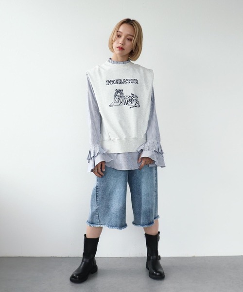 Three Four Time（ｽﾘｰﾌｫｰﾀｲﾑ）の「ネコトラフロッキープリントプルオーバー（Tシャツ/カットソー・レディース・グレー/ネイビー・FREE）」の8枚目の写真