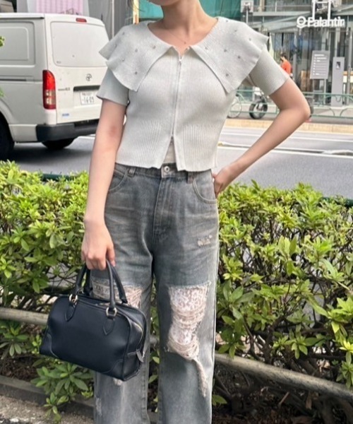 continuer de NICE CLAUP(コンティニューデナイスクラップ)の「キラキラBIG衿ZIPカーデ(Tシャツ/カットソー・レディース・ブルー/オフホワイト/ピンク/ブラック・FREE)」の18枚目の写真
